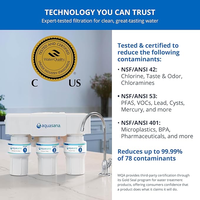 Aquasana Under Sink Water Filter | 3-Stage Filtration | Certified to Reduce up to 99.99% of PFAS, Lead, Chlorine, & More | Under Counter Drinking Water Filter | Brushed Nickel Faucet | AQ-6300-BN