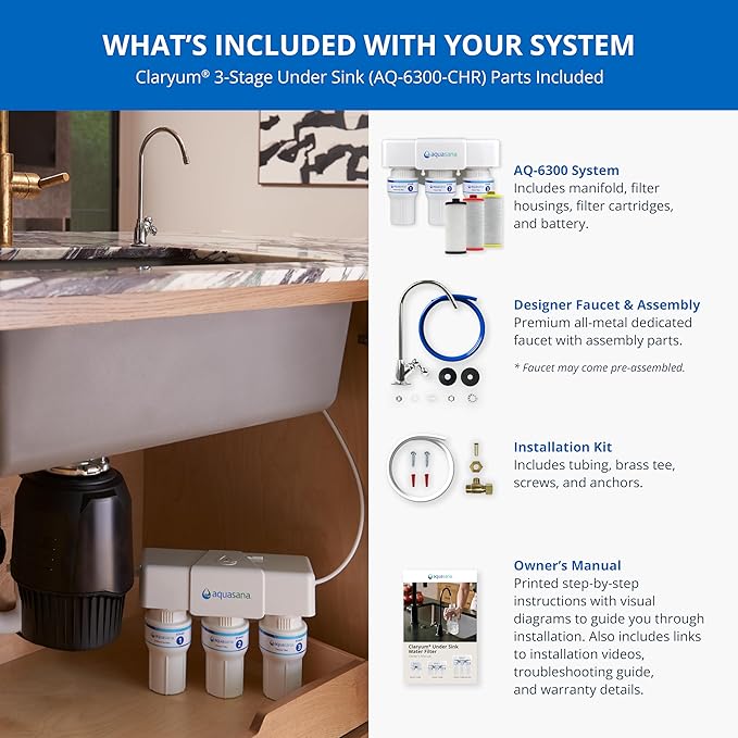 Aquasana Under Sink Water Filter | 3-Stage Claryum Filtration | Reduces up to 99.99% of PFAS, Lead, Chlorine, & More | Under Counter Drinking Water Filter | Includes Chrome Faucet | AQ-6300-CHR