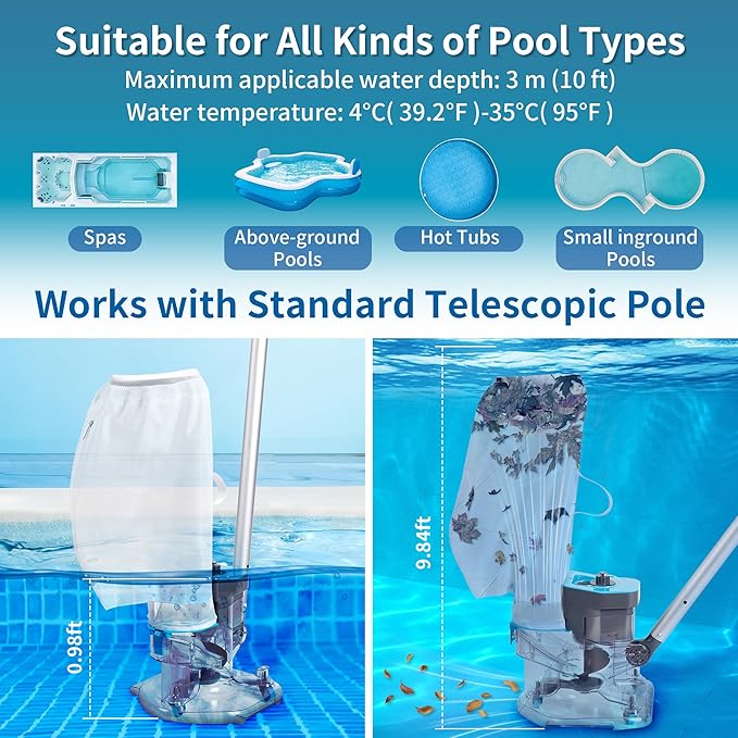Cordless Pool Leaf Vacuum Cleaner with Dual Filter Bags for Above Ground & Inground Pools – Heavy Duty Swimming Pool Vacuum, 24GPM Strong Suction for Easy Leaf & Debris Removal