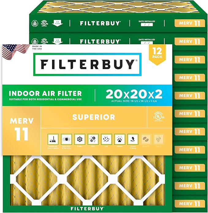 Filterbuy 20x20x2 Air Filter MERV 11 Superior Pet & Allergy Defense (12-Pack), Electrostatic Pleated HVAC AC Furnace Filters Replacement, Made in USA (Actual Size: 19.50 x 19.50 x 1.75)