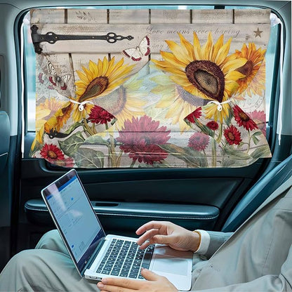 Red Yellow Sunflowers Magnetic Double Layer Car Window Shades,Side Window Curtains for Blackout/Breathable Mesh View,Retro Rustic Barn Doors Butterfly Brown Heat Protection Sun Shades 26x20in 2pcs