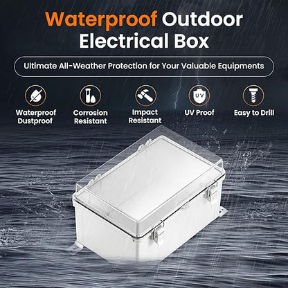 QILIPSU Waterproof Junction Box IP67 Outdoor Plastic Electrical Project Enclosure Weatherproof with Mounting Plate, Wall Brackets, Hinged Clear Cover 11.8"x7.9"x6.7" CC
