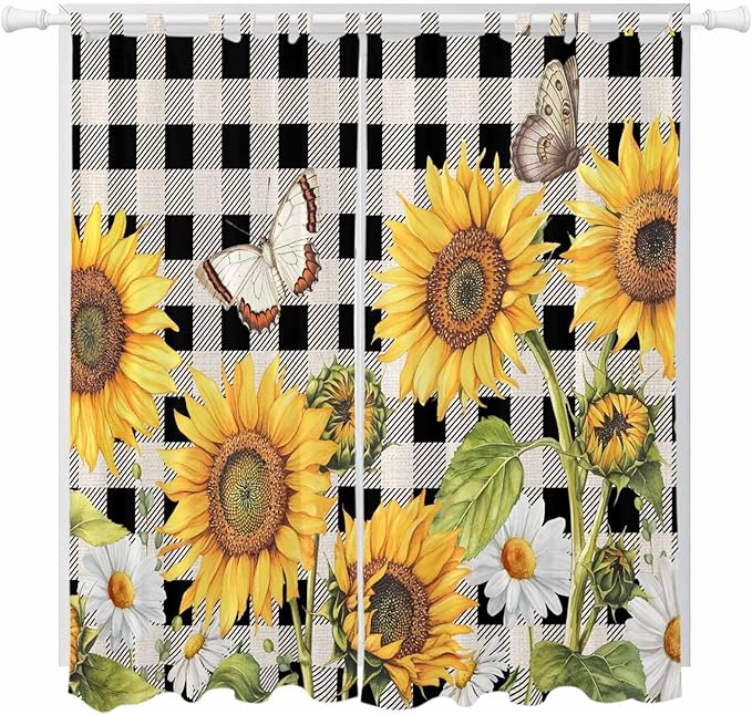 Sunflowers Living Room Curtains 84 Inch Length, Window Curtains Tab Top, Yellow Flowers Butterfly Farmhouse Black Plaid Light Filtering Window Treatments Drapes 52"x84" 2 Panel