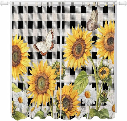 Sunflowers Living Room Curtains 84 Inch Length, Window Curtains Tab Top, Yellow Flowers Butterfly Farmhouse Black Plaid Light Filtering Window Treatments Drapes 52"x84" 2 Panel
