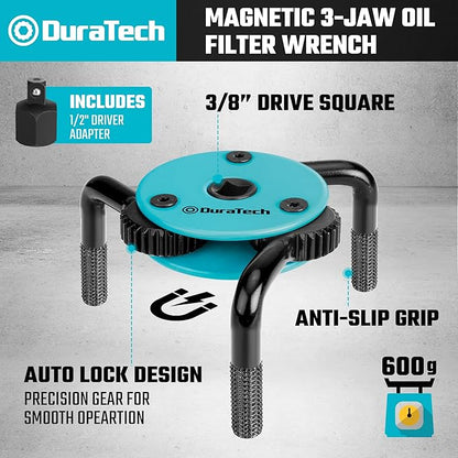 DURATECH Adjustable Oil Filter Wrench, Magnetic 3-Jaw Oil Filter Removal Tool, Large Sizes from 3" to 5.51"(76mm to 140mm), Ideal for Cars, Trucks, Tractor