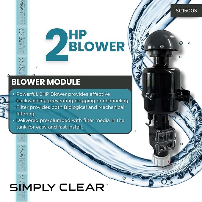 HALF OFF PONDS Simply Clear Koi Pond Filter System with 2HP Blower, UV Clarifier & 2,000 GPH Pump – Filters Ponds Up to 1500 Gallons – Complete Kit with Bio Media, Multiport Valve, Gauge