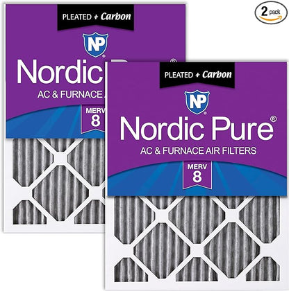 Nordic Pure 25x25x1 (Actual Size: 24 1/2 x 24 1/2 x 3/4) Furnace Air Filters MERV 8 Pleated Plus Carbon 2 Pack