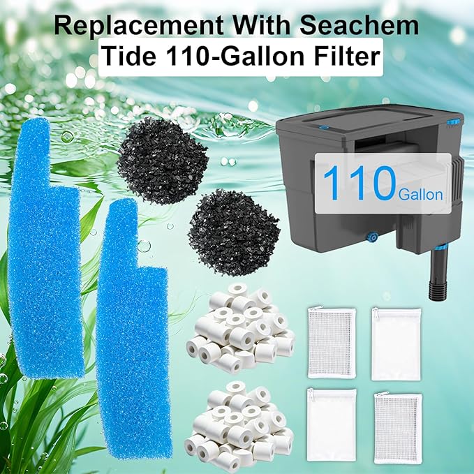 10-Piece Filter Media Maintenance Kit Compatible with Seachem Tide 110 Gallon/400L Aquarium Fish Tank - Includes Blue Sponge, Carbon, Ceramic Rings & Mesh Bags