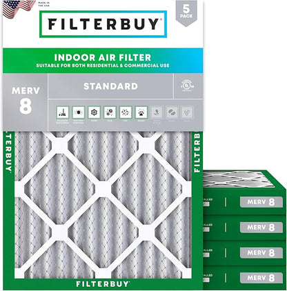 Filterbuy 17x22x2 Air Filter MERV 8 Essential Dust & Allergy Defense (5-Pack), Electrostatic Pleated HVAC AC Furnace Filters Replacement, Made in USA (Actual Size: 16.50 x 21.50 x 1.75)
