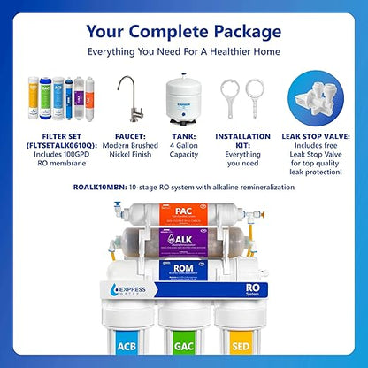 Express Water 10 Stage Reverse Osmosis Alkaline Water Filtration System - Under Sink Water Filter with Faucet and Tank, 100 GPD