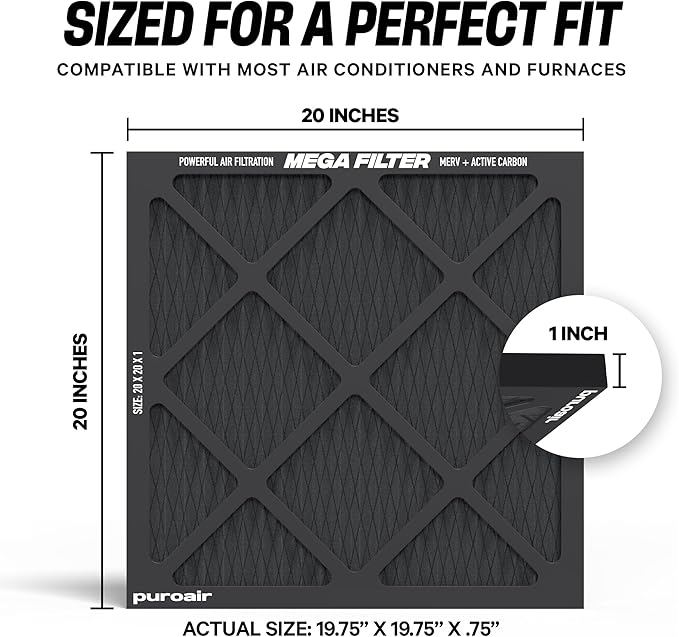 PuroAir MegaFilter - 20x20x1 Air Filter MERV 13 Activated CarbonTech Defense - Heavy Duty 3 Layer Furnace Filters Allergens, Pollen, Dust, Pet Dander, Smoke, Odors - HVAC Air Filter 20x20x1 (2-Pack)