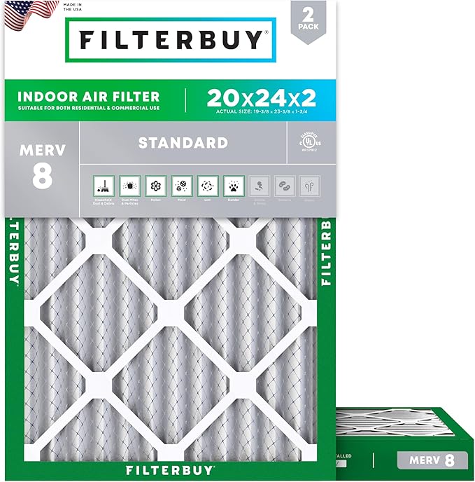Filterbuy 20x24x2 Air Filter MERV 8 Essential Dust & Allergy Defense (2-Pack), Electrostatic Pleated HVAC AC Furnace Filters Replacement, Made in USA (Actual Size: 19.38 x 23.38 x 1.75)