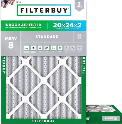 Filterbuy 20x24x2 Air Filter MERV 8 Essential Dust & Allergy Defense (2-Pack), Electrostatic Pleated HVAC AC Furnace Filters Replacement, Made in USA (Actual Size: 19.38 x 23.38 x 1.75)