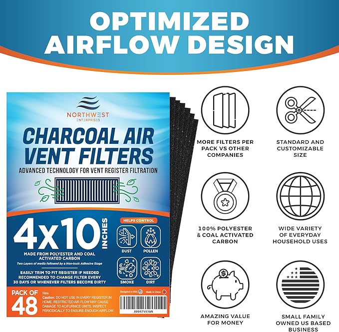 Activated Carbon Air Vent Filters for Home - 4" x 10" Dust Control - Air Filter Freshener for Home Vents to Purify Indoor Air and Homes - Register Filters for Floor Vents (48-Pack)