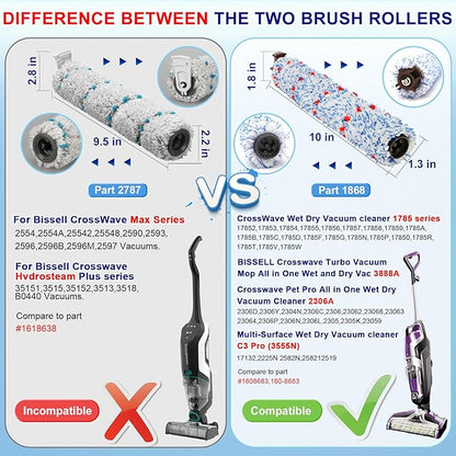 Lemige 2 Pack Multi-Surface Brush Roll 1868 + 2 Pack Vacuum Filter 1866 for Bissell CrossWave 2306A 1785A 3888A Vacuum Cleaner, Compare to Part # 1608683, 160-8683, 1608684