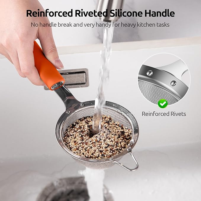 U-Taste Small Fine Mesh Strainer: 18/8 Stainless Steel 3.35in 30 Mesh Kitchen Food Sieve with Sturdy Riveted Silicone Handle, Heavy Duty Deep Handheld Metal Colander for Tea, Juice (Orange)