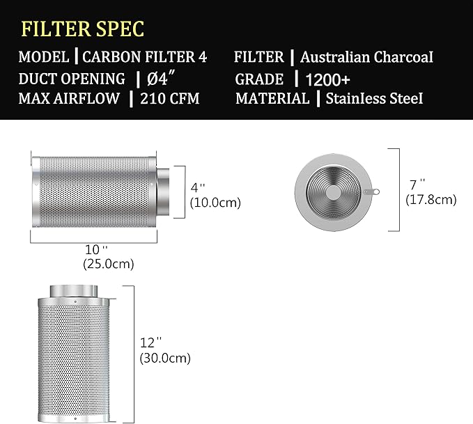 4inch Carbon Filter Odor Control with Australia Virgin Charcoal Two Prefilter 1 Pair Rope Hanger Included for Inline Duct Fan, Grow Tent, Hydroponics, Odor Scrubber