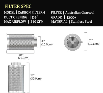 4inch Carbon Filter Odor Control with Australia Virgin Charcoal Two Prefilter 1 Pair Rope Hanger Included for Inline Duct Fan, Grow Tent, Hydroponics, Odor Scrubber