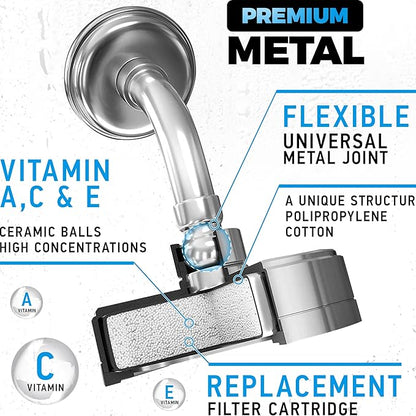 AquaHomeGroup Luxury Filtered Shower Head (Metal) 2 Cartridges Vitamin C+E+A + 5 Shower Caps - Reduses Chlorine & Sediments - Consistent Water Pressure - Massage and SPA Effery Shower Head