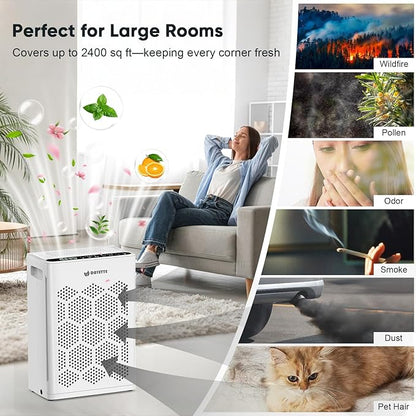 DAYETTE Air Purifiers for Home Large Room Up to 2400 Ft² with Washable Pre-Filter, H14 HEPA Air Filter, Air Quality Monitor, Pet Mode Sleep Mode for Allergies, Pet Hair in Bedroom, Living Room, Office