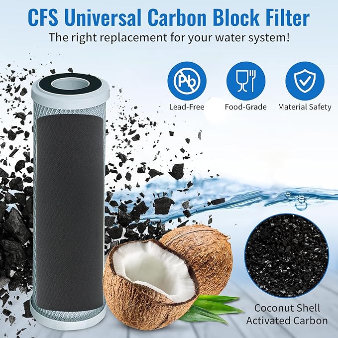 CFS – 4 Pack Radial Flow Carbon Water Filter Cartridges Compatible with CB3, GE FXUVC, FXULC, CBC-10 Models – Removes Bad Taste – Whole House Replacement Filter Cartridge – 0.5 Micron – 10" x 2.5"