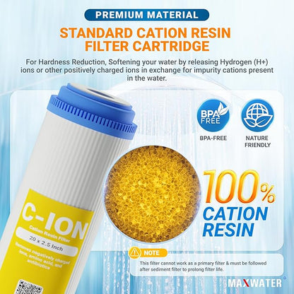 (3 Pack) Max Water Whole House Water Filter Set 20" x 2.5" Slim Blue Cation Resin, GAC Carbon, PP Sediment Water Filters for 20" Slim Blue Whole House Filtration Systems