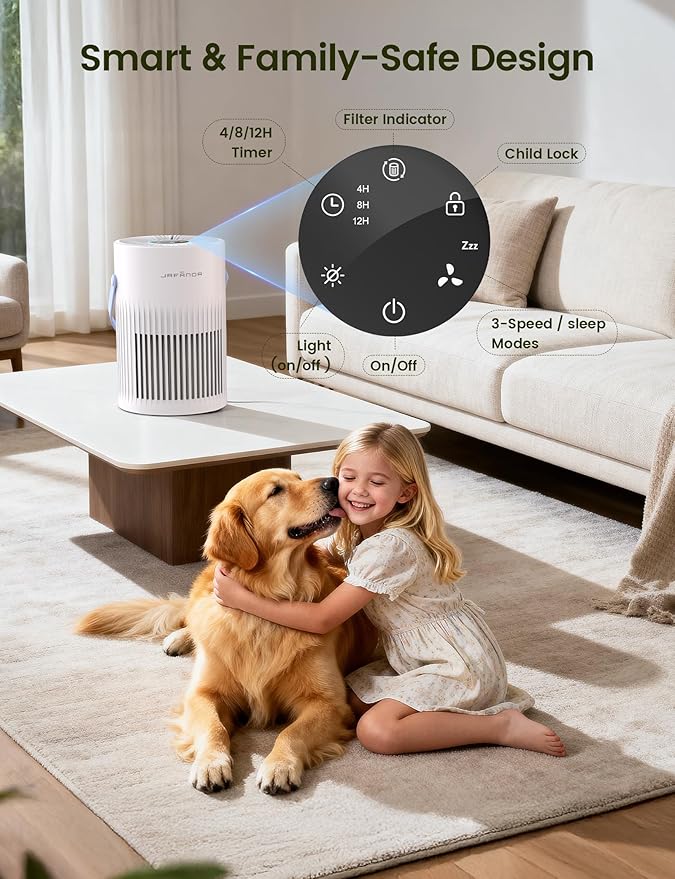 Jafända Air Purifers for Home, Hepa Air Purifier for Bedroom, Air Cleaner for Pet Dander, Quiet Sleep Mode, Portable Air Purifier for Office, Odor, Dust, Smoke