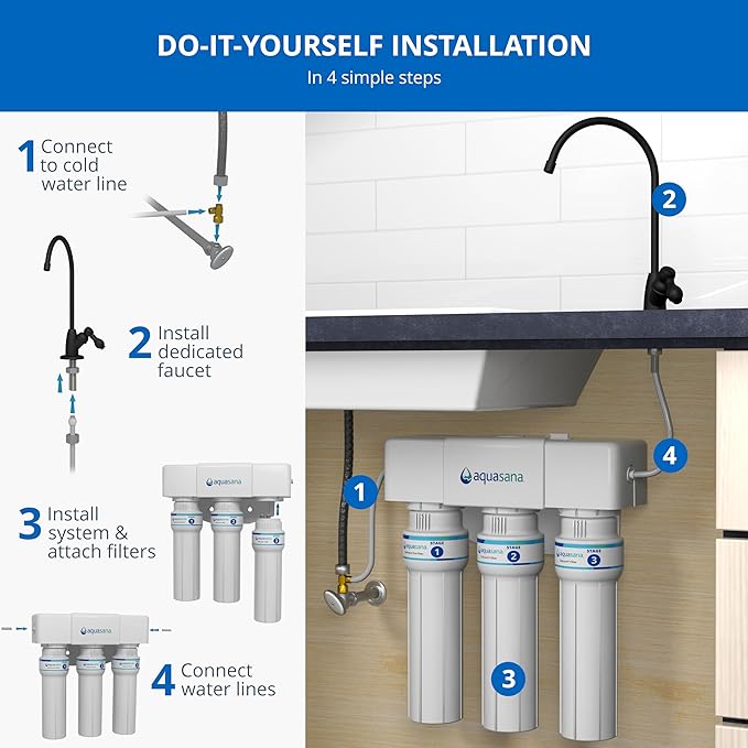 Aquasana Under Sink Water Filter | 3-Stage Max Flow Claryum Filtration | WQA Certified to Reduce PFAS, Lead & Chlorine | Under Counter Drinking Water Filter | Brushed Nickel Faucet | AQ-6300M-BN