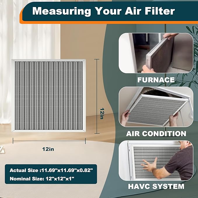 12x12x1 Reusable Air Filter, Washable, MERV 8, Permanent Electrostatic Air Filter, Lasts a Lifetime, Breathe Safely at Home or in the Office (Actual Size:11.69x11.69x0.82 Inch)