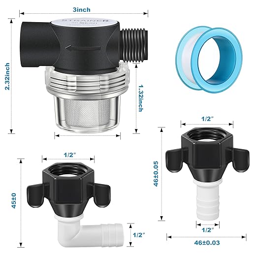 Dreyoo RV Water Pump Strainer Filter, 1/2 Twist On Pipe Strainer, 1/2 x 14 NPT x 1/2 Inch Barb Elbow and 2 Straight Swivel Adapter, RV Plumbing Fittings with PTFE Thread Seal Tape