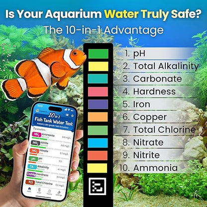 Digital Aquarium Water Test Kit, App-Enabled 10-in-1 Freshwater & Saltwater Aquarium Test Strips for Fish Tanks, Shrimp, Reef Test Strips, pH, Ammonia, Nitrate, Nitrite, GH, KH, Chlorine