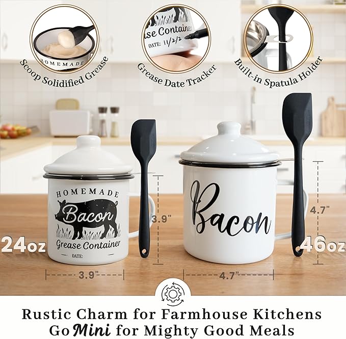Bacon Grease Container with Strainer - With Food-Grade Silicone Spatula, 24oz Enamel Rustic Farmhouse Fat Container, Keeper, Recipes, Dishwasher Safe