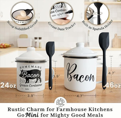 Bacon Grease Container with Strainer - With Food-Grade Silicone Spatula, 24oz Enamel Rustic Farmhouse Fat Container, Keeper, Recipes, Dishwasher Safe