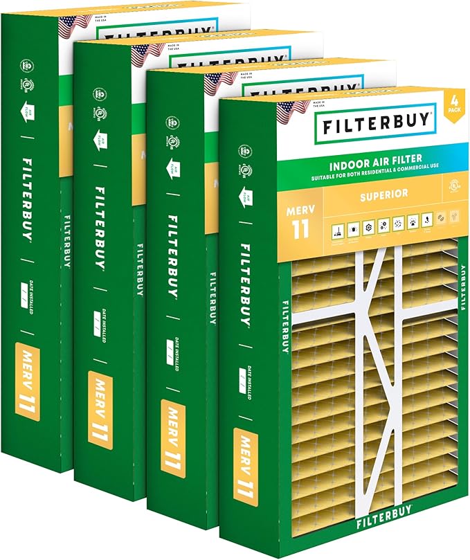 Filterbuy 16x25x5 Air Filter MERV 11 Superior Pet & Allergy Defense (4-Pack), Pleated HVAC AC Furnace Filters for Amana, Coleman, Goodman, Maytag, York, and More (Actual Size: 15.38 x 25.50 x 5.25)