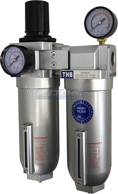 SUPER HEAVY DUTY HIGH FLOW AIR FILTRATION SYSTEM, 2 STAGE PARTICULATE FILTER PLUS OIL REMOVING COALESCING FILTER COMBINATION (1" NPT, MANUAL DRAIN)