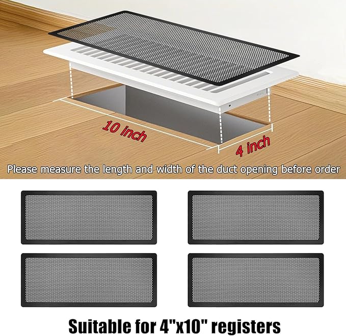 Floor Register Vent Cover, 4"x10" Magnetic Air Vent Screen Mesh Covers for Home Floor/Wall/Ceiling Registers Air Vent Filters, Black (4 Packs)