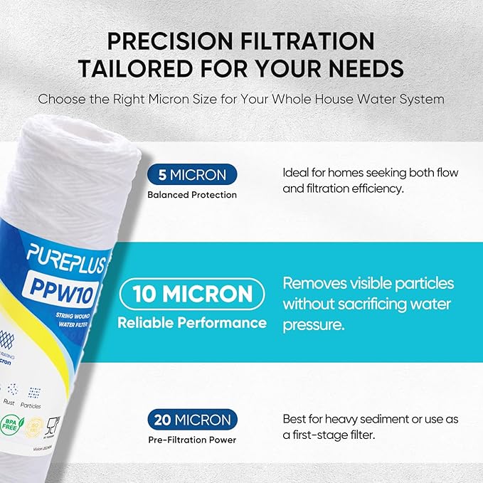 PUREPLUS 10 Micron 10"x2.5" Whole House String Wound Sediment Filter for Well Water, Replacement Cartridge for Universal 10 inch RO System, WP-5, Aqua-Pure AP110, CFS110, Culligan P5,WFPFC4002, 6Pack