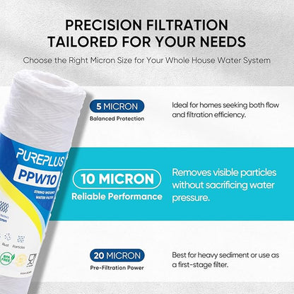 PUREPLUS 10 Micron 10"x2.5" Whole House String Wound Sediment Filter for Well Water, Replacement Cartridge for Universal 10 inch RO System, WP-5, Aqua-Pure AP110, CFS110, Culligan P5,WFPFC4002, 6Pack
