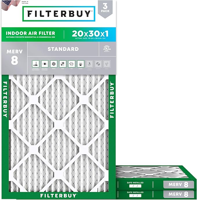 Filterbuy 20x30x1 Air Filter MERV 8 Essential Dust & Allergy Defense (3-Pack), Electrostatic Pleated HVAC AC Furnace Filters Replacement, Made in USA (Actual Size: 19.63 x 29.63 x 0.75)