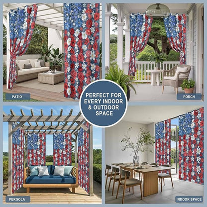 4th of July Outdoor Curtains for Patio Patriotic Flowers Farmhouse Red Waterproof Outside Curtains with Grommet Top Weatherproof Curtain for Cabana Pergola Gazebo, 1 Panel, 54" W x 95" L
