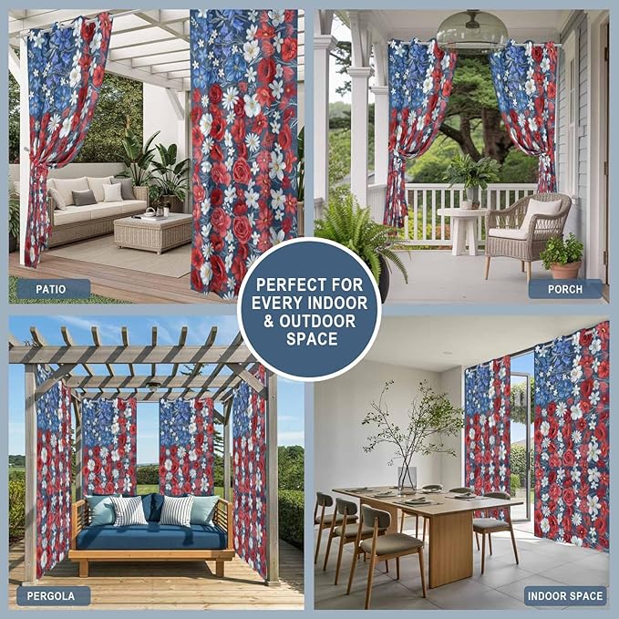 4th of July Outdoor Curtains for Patio Patriotic Flowers Farmhouse Red Waterproof Outside Curtains with Grommet Top Weatherproof Curtain for Cabana Pergola Gazebo, 1 Panel, 54" W x 108" L