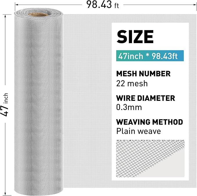 304 Stainless Steel Mesh Window Screen Roll,47IN x 98.43FT Silver Metal Window Screen Replacement,Screen Mesh for Window,Door,Patio,Pet,Vent,Filter,Porch,Cage and DIY Project (22 Mesh)