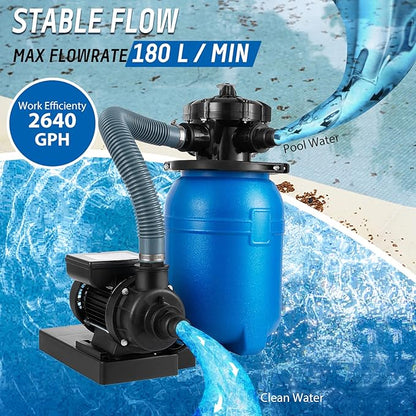 10'' Sand Pool Filter System 10000 Gallon Sand Filter with 1/3 HP Above Ground Swimming Pool Pump 6-Way Multi-Port Valve Pool Filter, Black & Blue