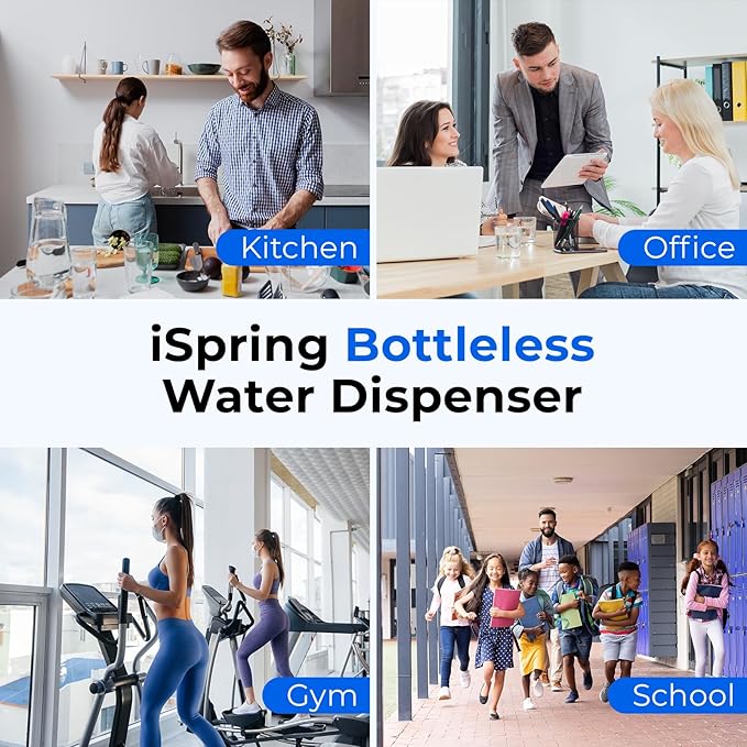 iSpring Bottleless Water Cooler Dispenser with 4-Stage Filtration, SGS-Tested 99% of PFAS, Lead, Chloramine Removal, Hot, Cold, Room Temp, Stainless Steel, Black, Model: DS4B-MAX