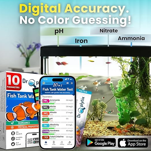 Digital Aquarium Water Test Kit, App-Enabled 10-in-1 Freshwater & Saltwater Aquarium Test Strips for Fish Tanks, Shrimp, Reef Test Strips, pH, Ammonia, Nitrate, Nitrite, GH, KH, Chlorine
