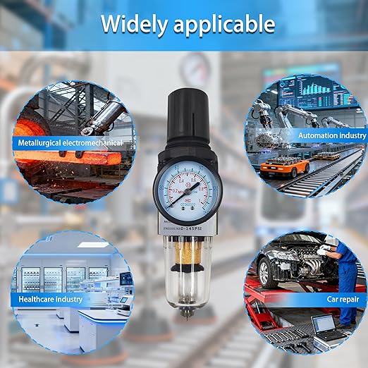 HengMinLingTong 1/4" NPT Compressed Air Filter Regulator Combo Piggyback, 5 Micron Brass Element, Poly Bowl, Semi-Auto Drain, Metal Bracket, 0-150 psi AW2000-02