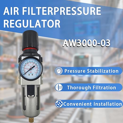 HengMinLingTong 3/8" NPT Compressed Air Filter Regulator Combo Piggyback, 5 Micron Brass Element, Poly Bowl, Semi-Auto Drain, Metal Bracket, 0-150 psi AW3000-03