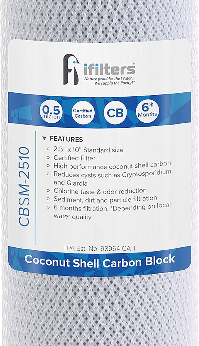 iFilters 0.5-Micron Carbon Block Water Filter – Coconut Shell CTO Drinking Water Filter Cartridge – 10-inch Replacement for Filtration Systems – Reduces Odors, Chlorine Taste – 2.5" x 10"