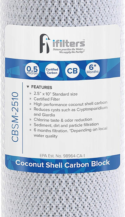 iFilters 0.5-Micron Carbon Block Water Filter – Coconut Shell CTO Drinking Water Filter Cartridge – 10-inch Replacement for Filtration Systems – Reduces Odors, Chlorine Taste – 2.5" x 10"