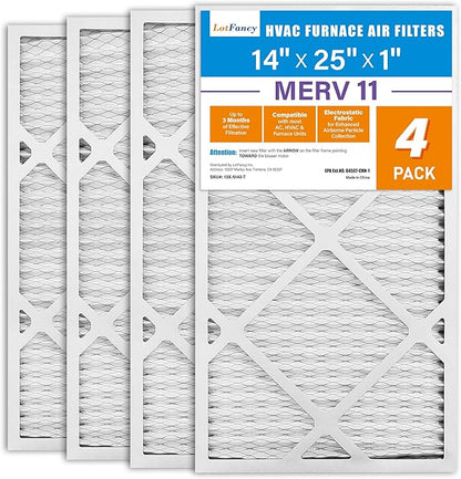 LotFancy 14x25x1 Air Filter MERV 11 4-Pack, Electrostatic Pleated AC Furnace Air Filter, Captures Dust, Smog & Pet Dander, Actual Size: 13.75"x24.75"x0.75"